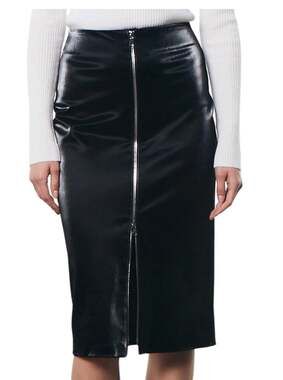 Enza Costa Black Faux Leather Zip-Front Pencil Skirt Midi size XS